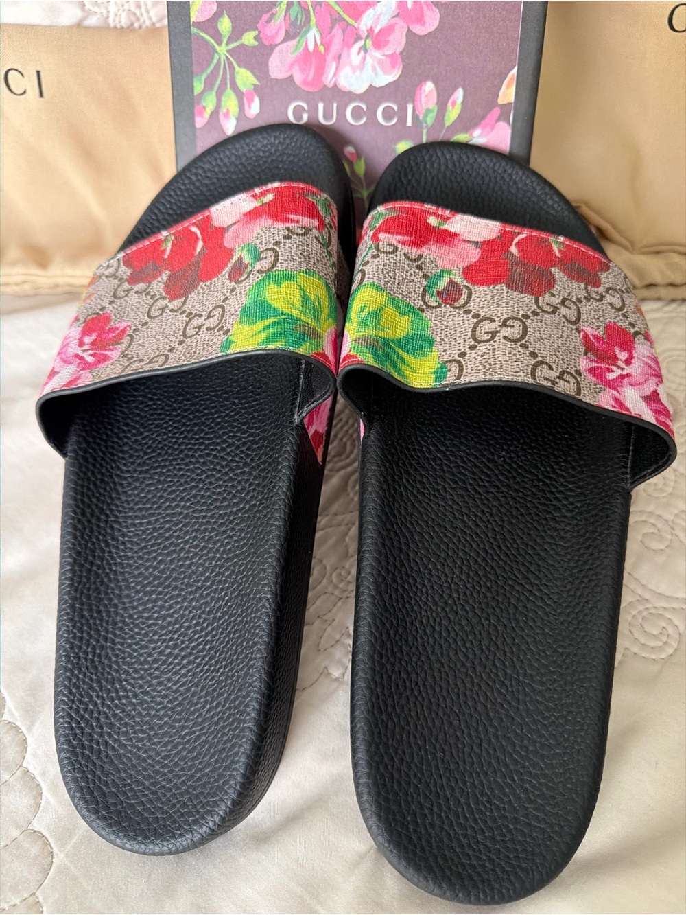 (NWOT) - Authentic Gucci - Black Slides with Pink & Green Floral GG Strap - Picture 3 of 7